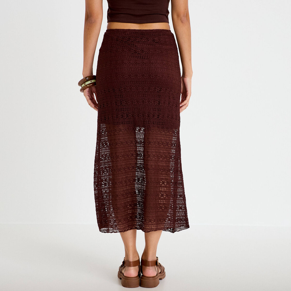 Jupe longue droite en dentelle marron femme