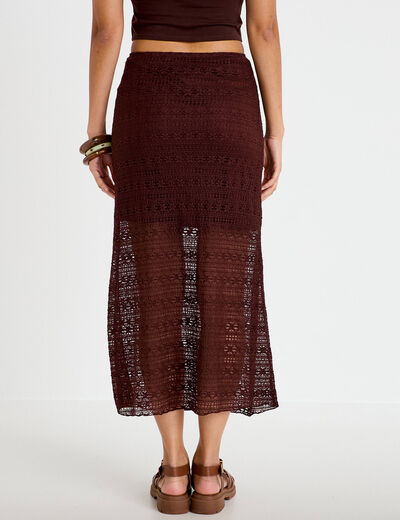 Jupe longue droite en dentelle marron femme