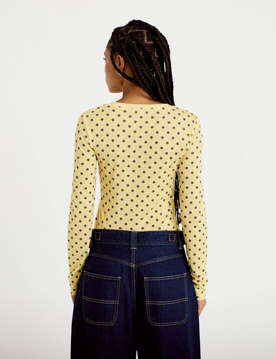T-shirt ajust&eacute; col rond manches longues jaune clair femme