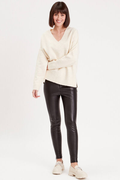 Pull manches longues col en V ivoire femme