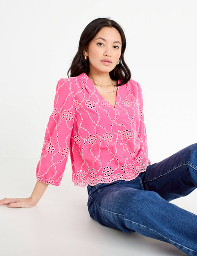 Blouse broderie anglaise rose fushia femme