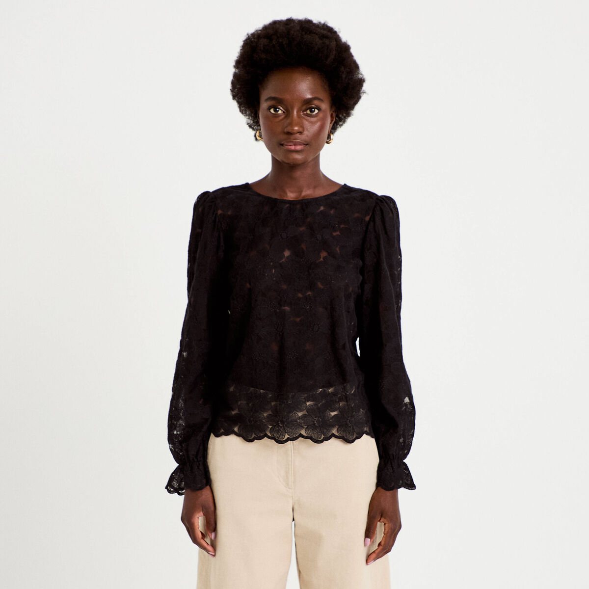 Blouse droite col v en dentelle noir femme