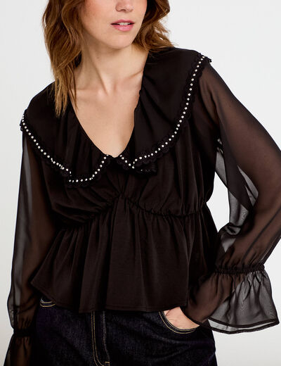 Blouse col claudine bas resserr&eacute; noir femme