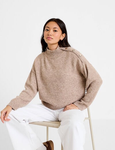 Pull col montant manches longues taupe femme