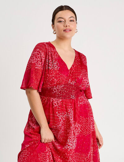 Robe longue évasée col en V rouge femme