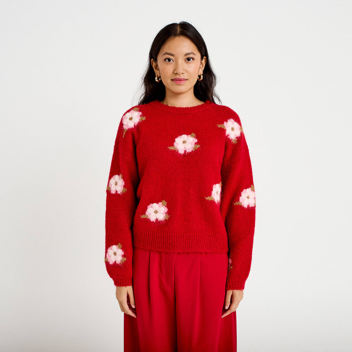Pull ample col rond manches longues rouge femme