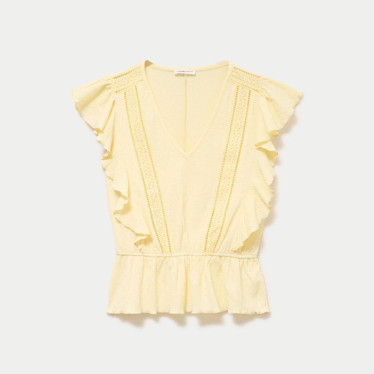 Blouse &agrave; volants jaune pastel femme