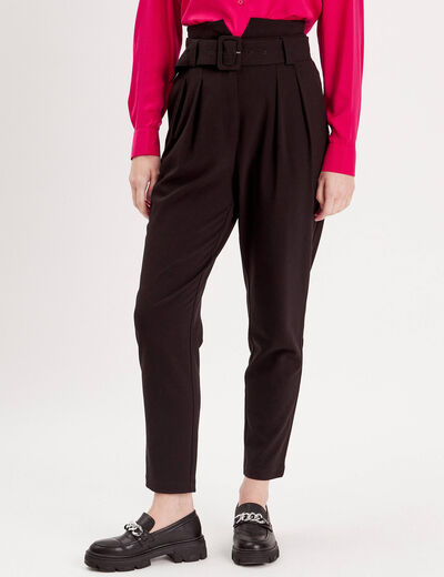 Pantalon cigarette ceinturé noir femme