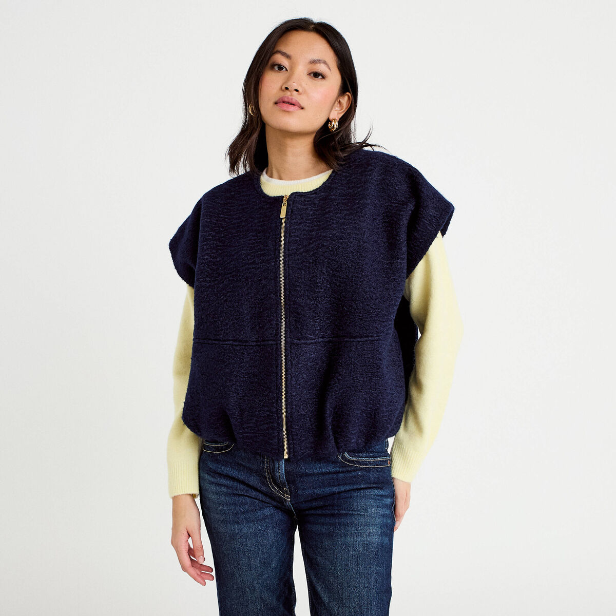 Gilet oversize sans manches col rond bleu marine femme