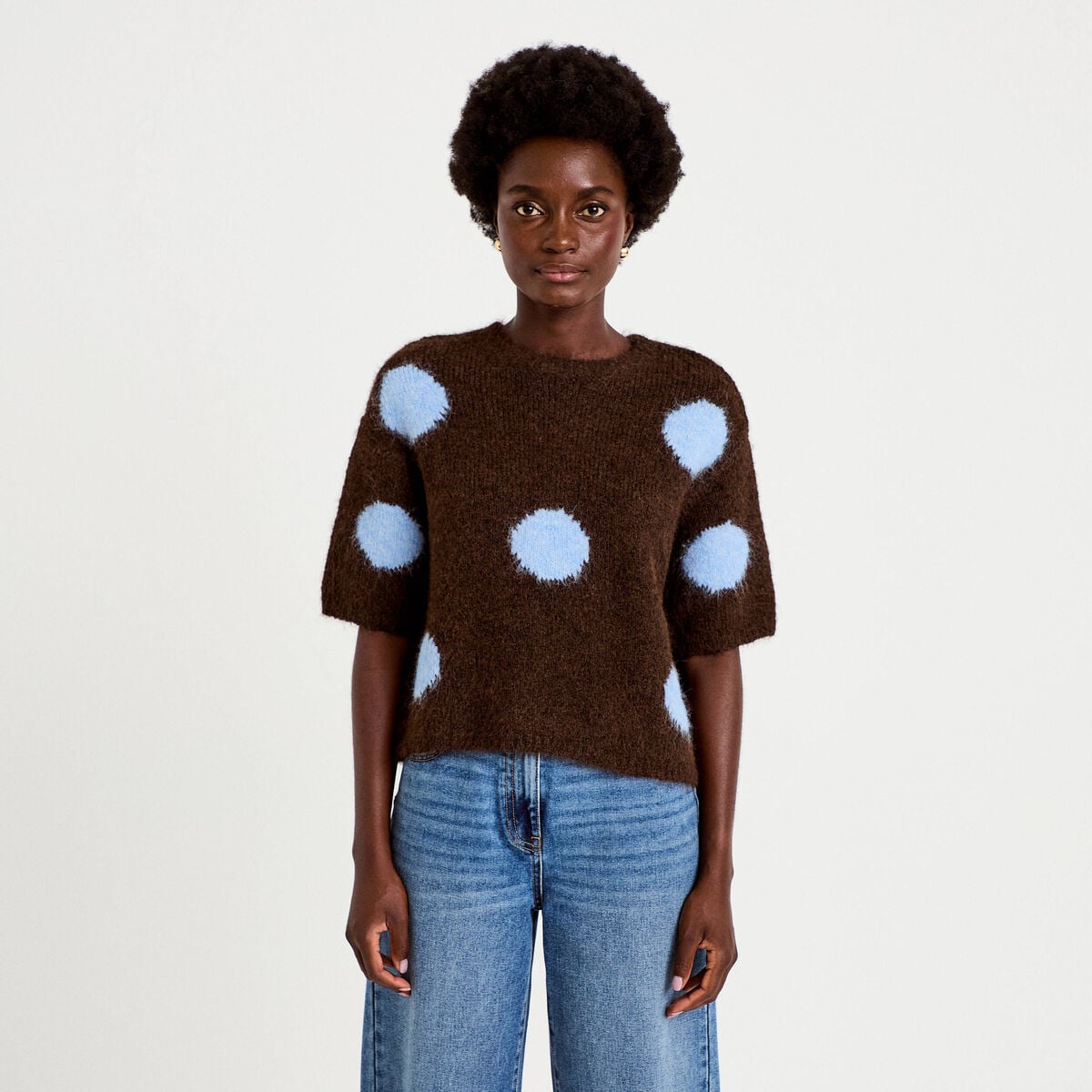Pull col rond manches courtes marron fonc&eacute; femme