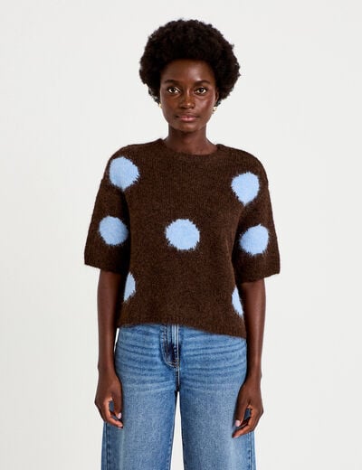 Pull col rond manches courtes marron fonc&eacute; femme