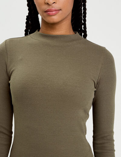 Top ajust&eacute; c&ocirc;tel&eacute; col montant vert kaki femme