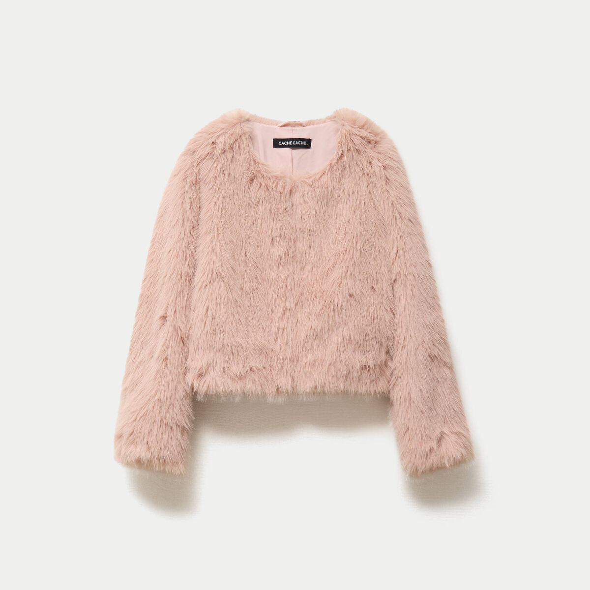 Veste droite fausse fourrure col rond rose poudr&eacute;e femme