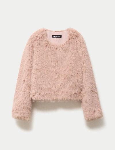 Veste droite fausse fourrure col rond rose poudr&eacute;e femme