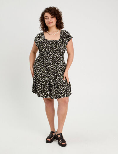 Robe évasée manches courtes noir femme