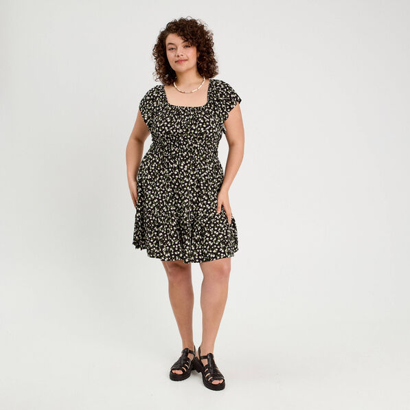 Robe évasée manches courtes noir femme