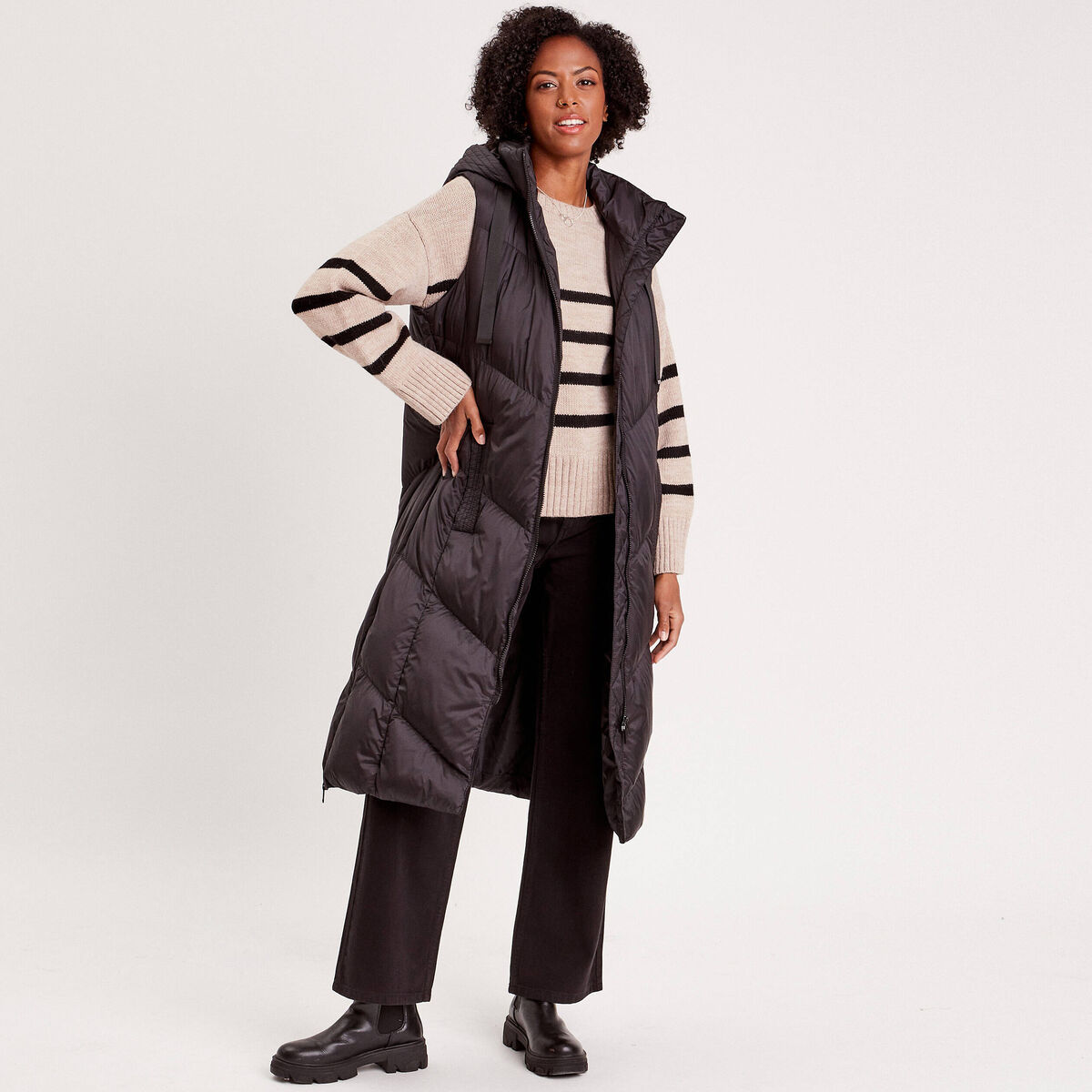 Doudoune longue sans manches noir femme