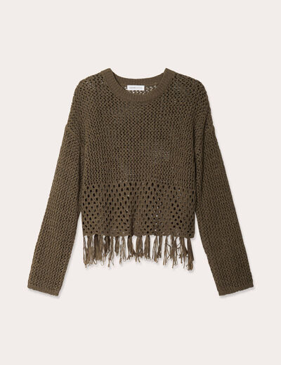 Pull ajouré avec franges vert kaki femme