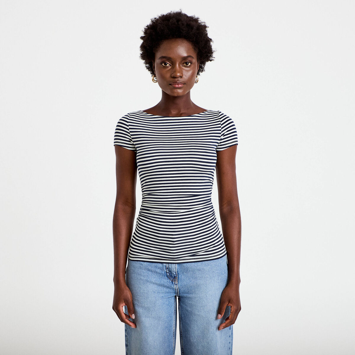 Top ajust&eacute; col bateau manches courtes blanc femme