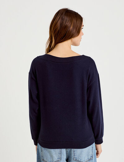 Sweat duveteux col rond manches longues bleu marine femme
