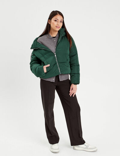 Doudoune droite zippée vert foncé femme