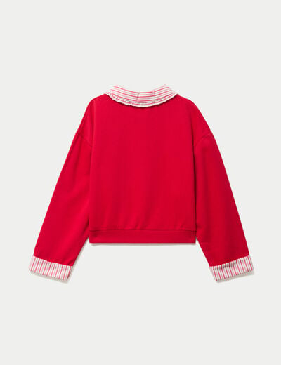 Sweat col chemise manches longues rouge femme