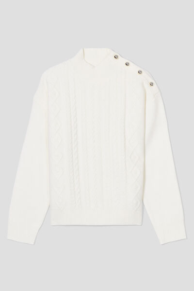 Pull col montant avec torsades ecru femme