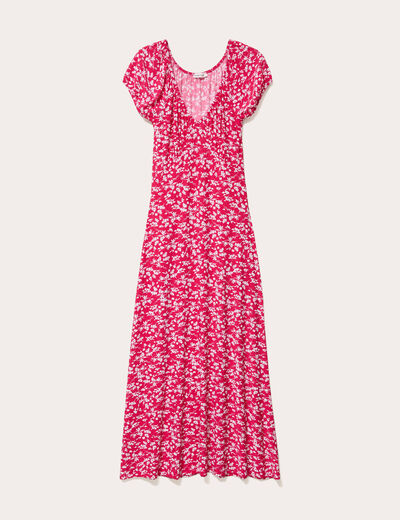 robe longue droite col v manches courtes rose fushia femme