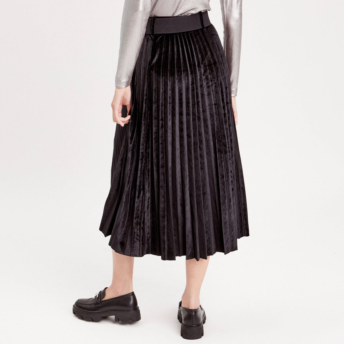 Jupe longue pliss&eacute;e velours noir femme