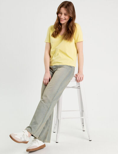 T-shirt col en V jaune clair femme