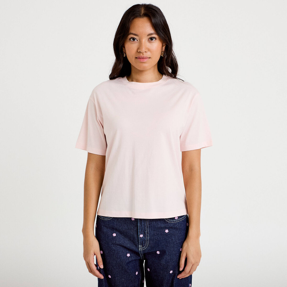 T-shirt col rond manches courtes rose clair femme
