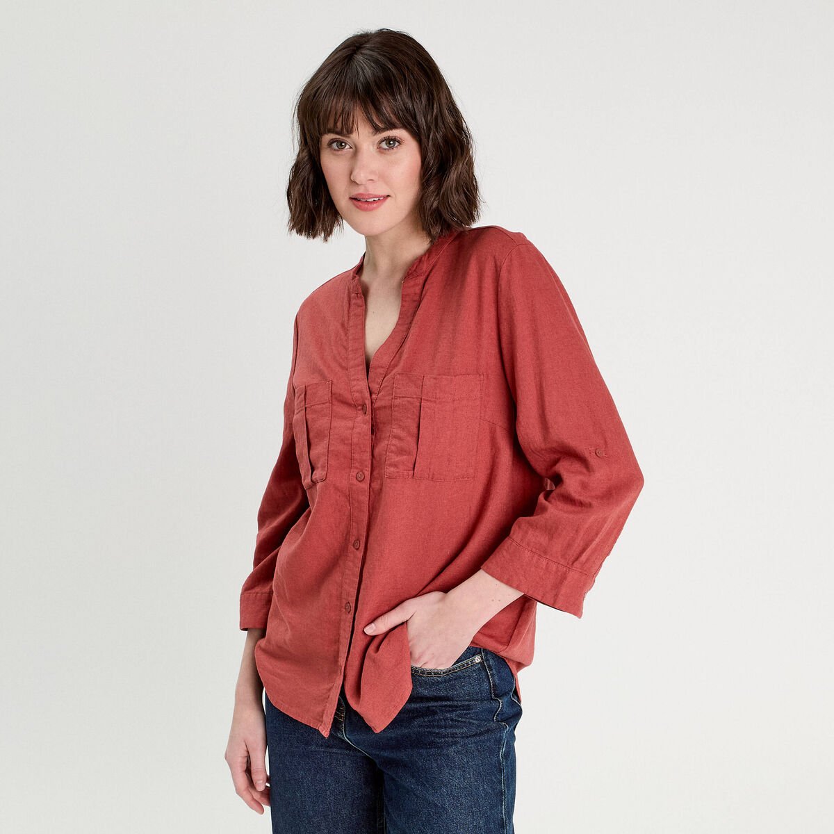 Chemise manches 3/4 contenant du lin vieux rose femme