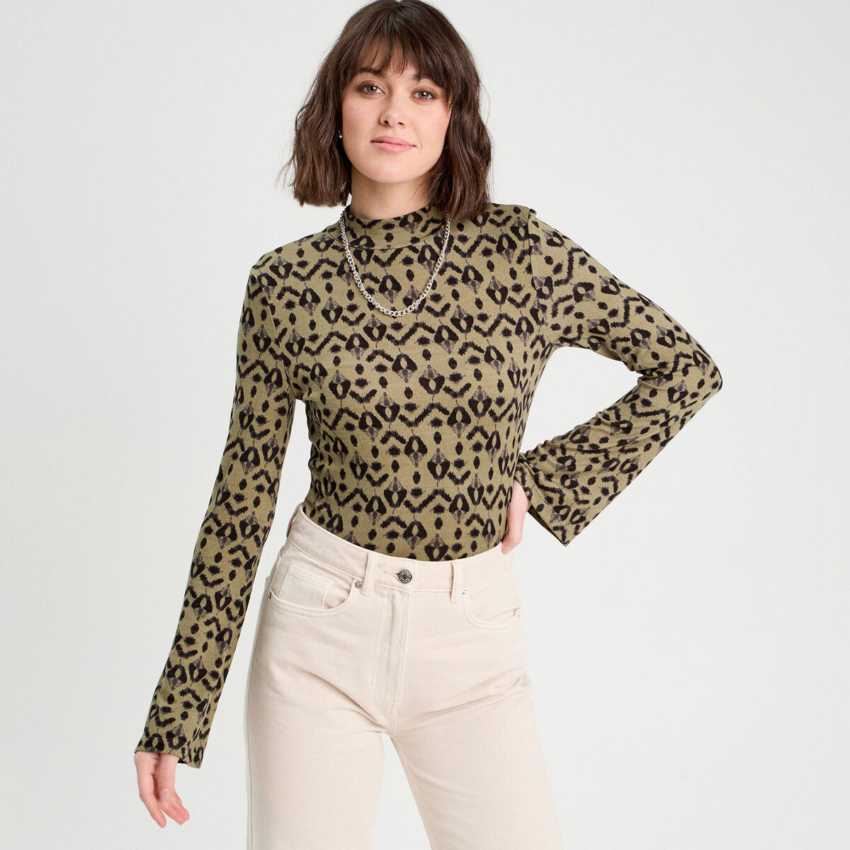 T-shirt col montant vert femme