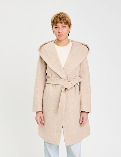 Manteau ceintur&eacute; &agrave; capuche beige femme