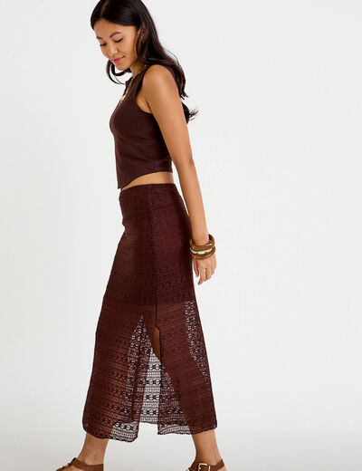 Jupe longue droite en dentelle marron femme