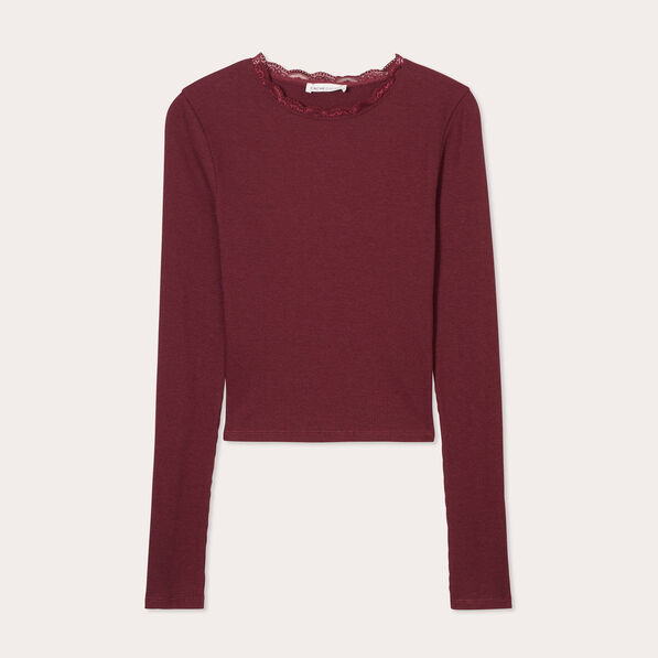 T-shirt cropped côtelé prune femme