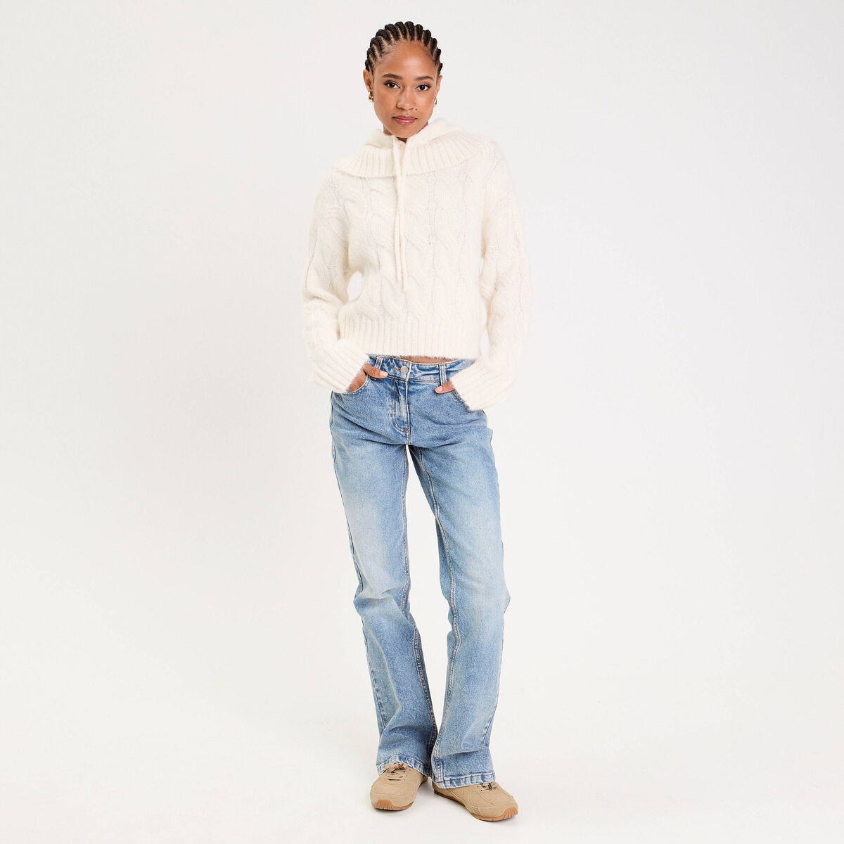 Pull 2-en-1 &agrave; capuche amovible ecru femme