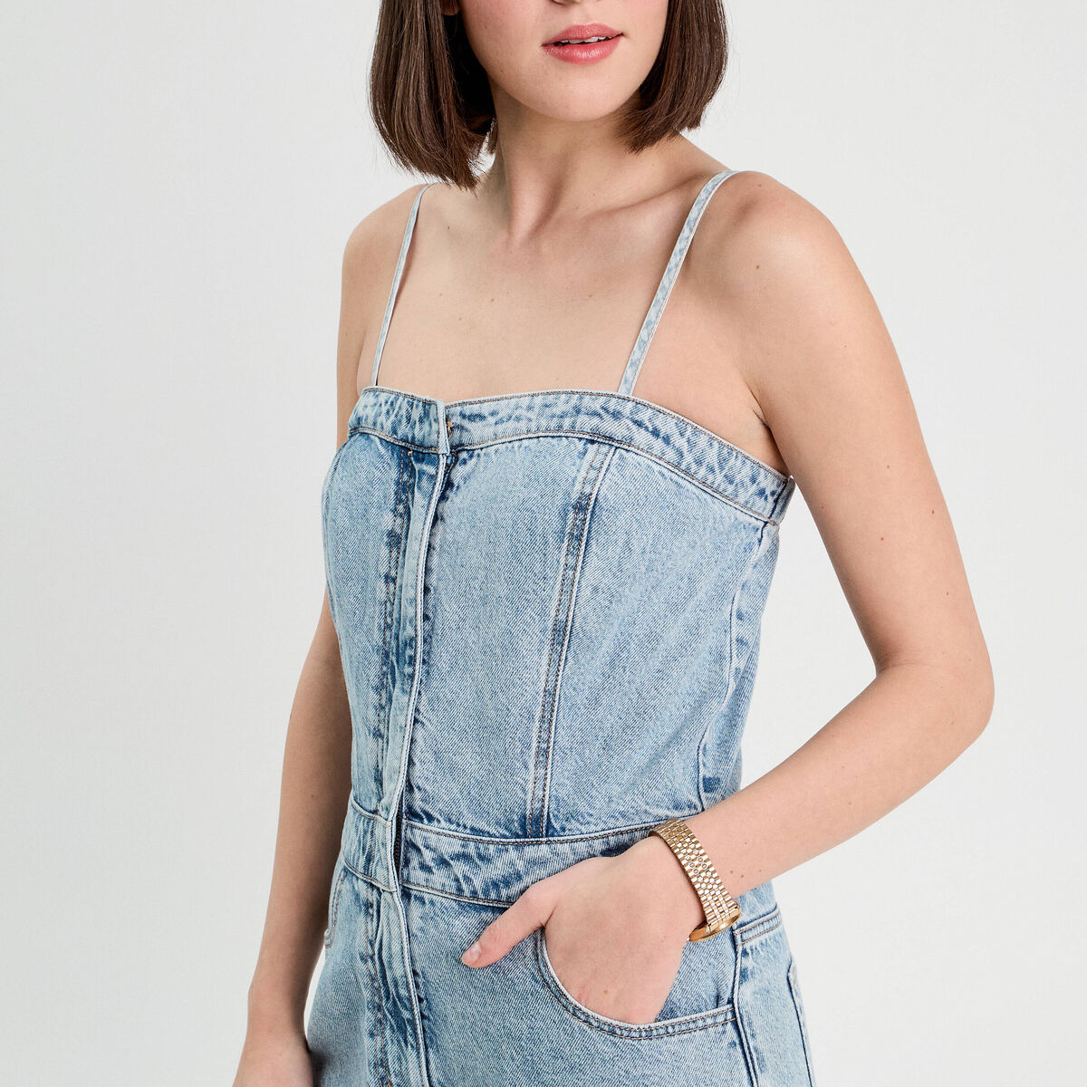 Combinaison pantalon en jean denim bleach femme