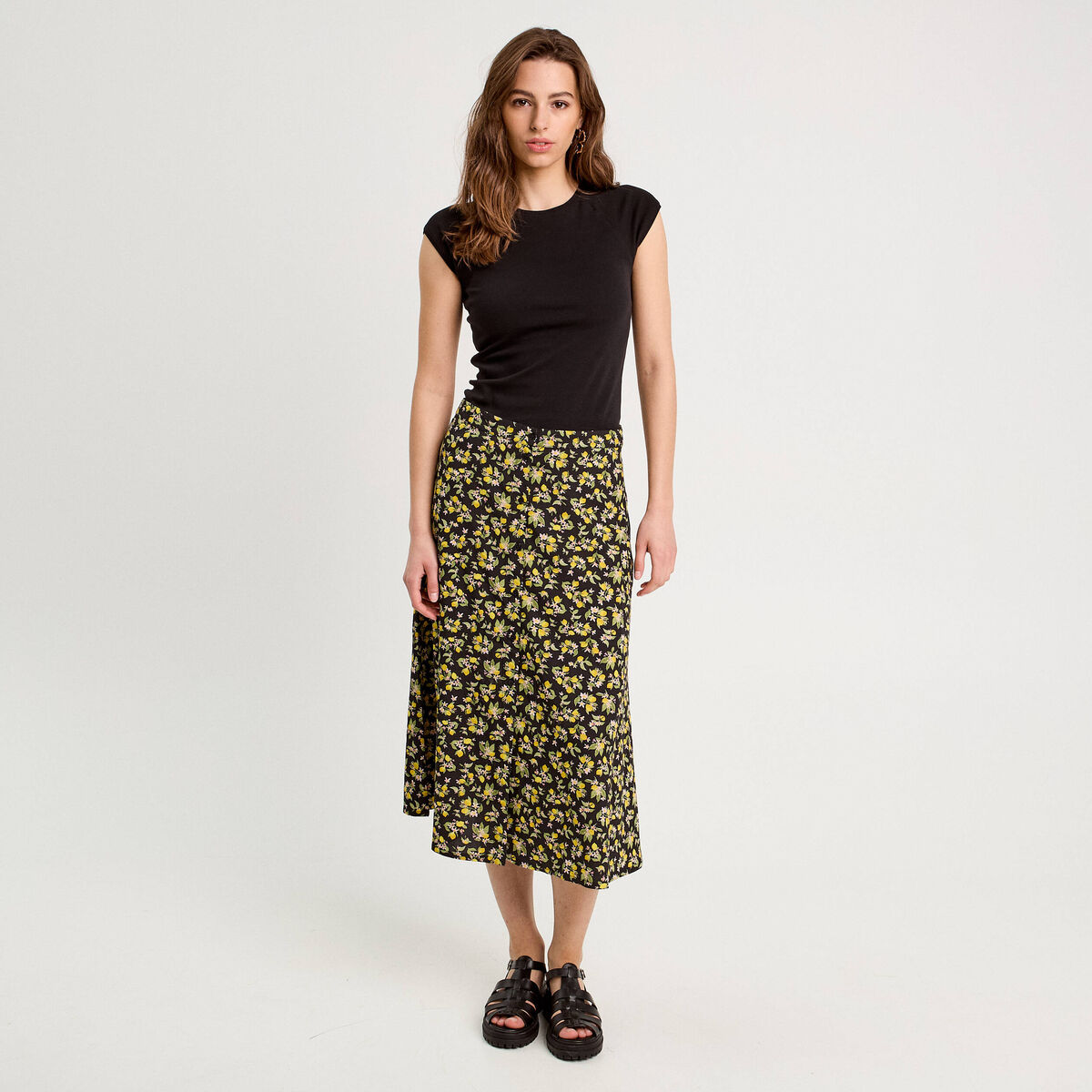 Jupe midi droite boutonnée noir femme