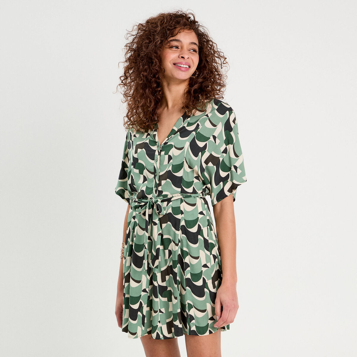 Robe chemise évasée fluide vert femme