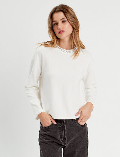 T-shirt col détails bijoux ecru femme