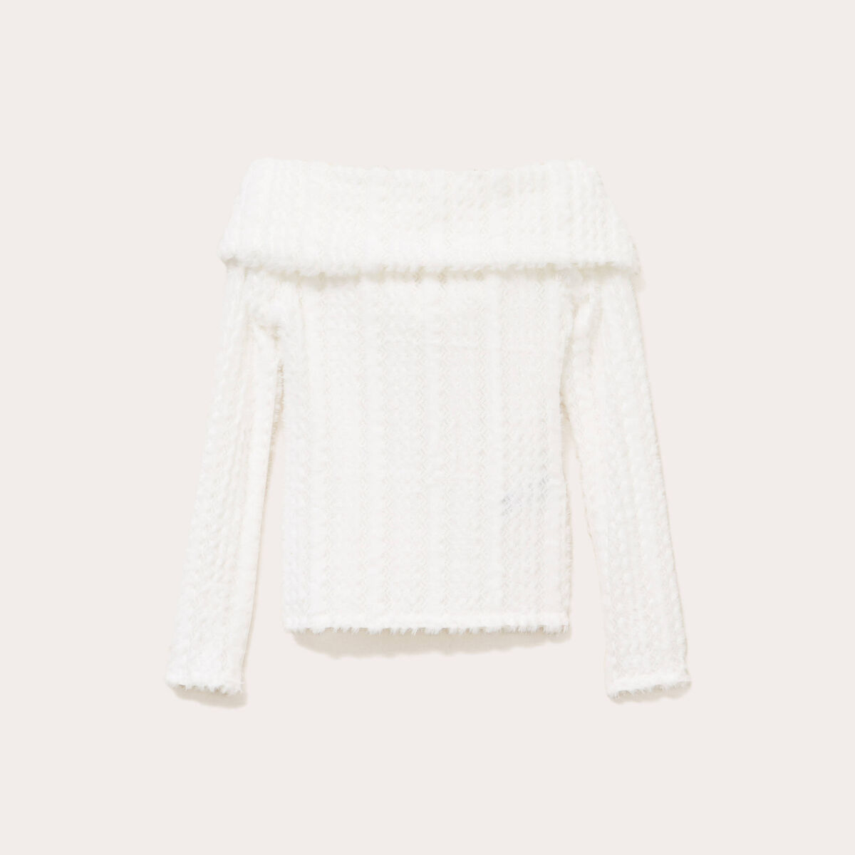Pull cintr&eacute; court col bardot ecru femme