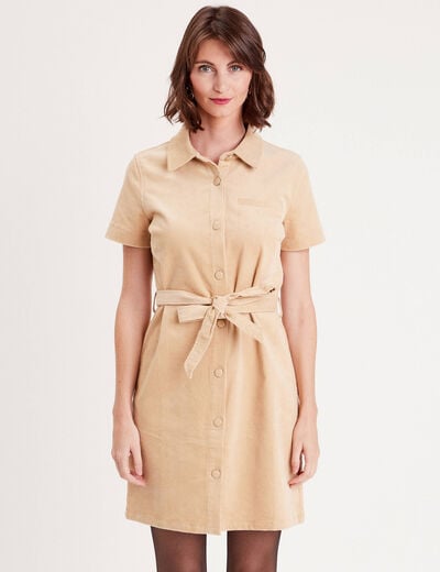 Robe droite velours ceinturée ecru femme