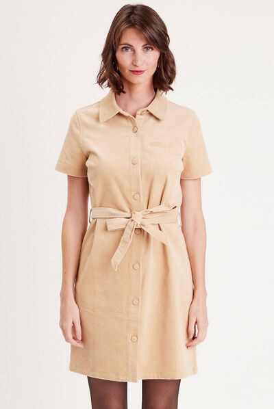 Robe droite velours ceinturée ecru femme