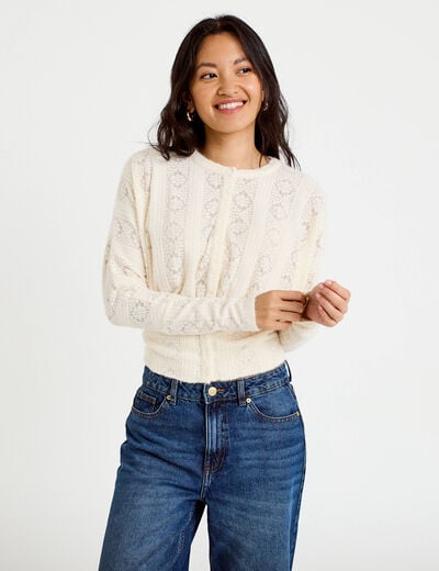 Gilet cintr&eacute; dentelle col rond ivoire femme