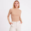 T-shirt côtelé col montant marron clair femme
