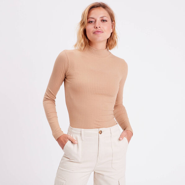 t shirt cotele col montant marron clair femme T-shirt côtelé col montant marron clair femme