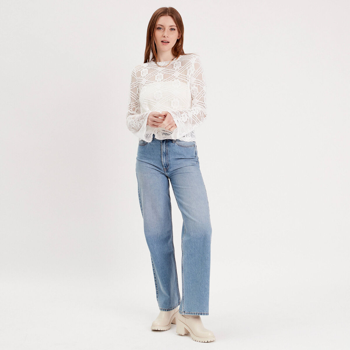 T-shirt ajouré manches pagodes ecru femme