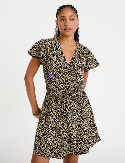 Robe courte &eacute;vas&eacute;e col v manches courtes beige femme