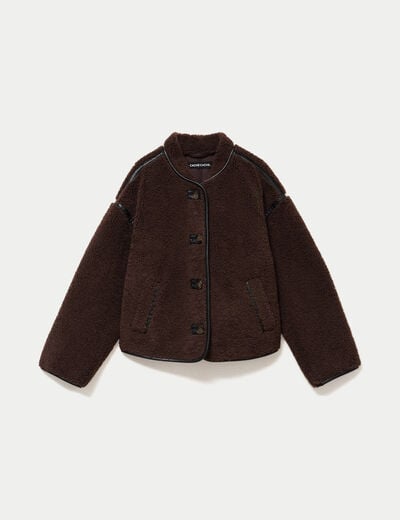 Veste effet polaire manches longues marron fonc&eacute; femme